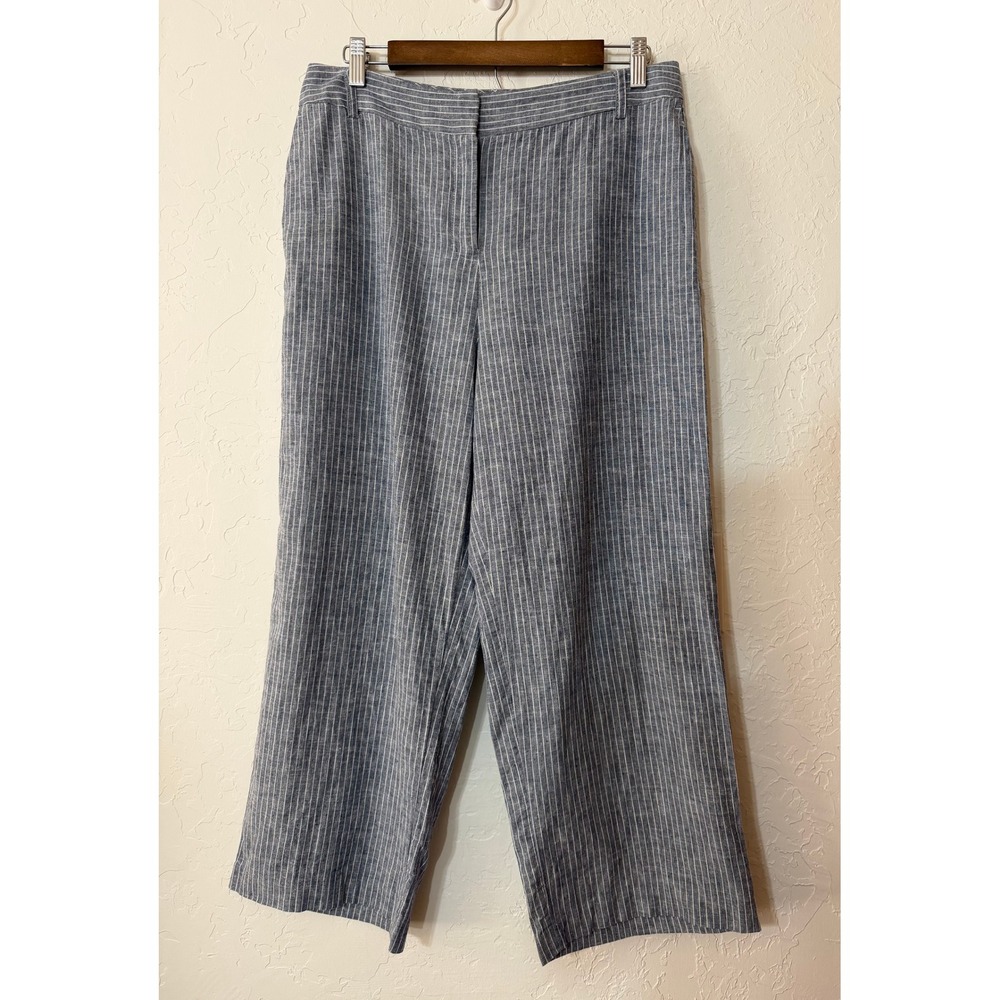 Antonio Melani Linen Striped Wide Leg Pants Blue White Pinstripe Crop Size 12